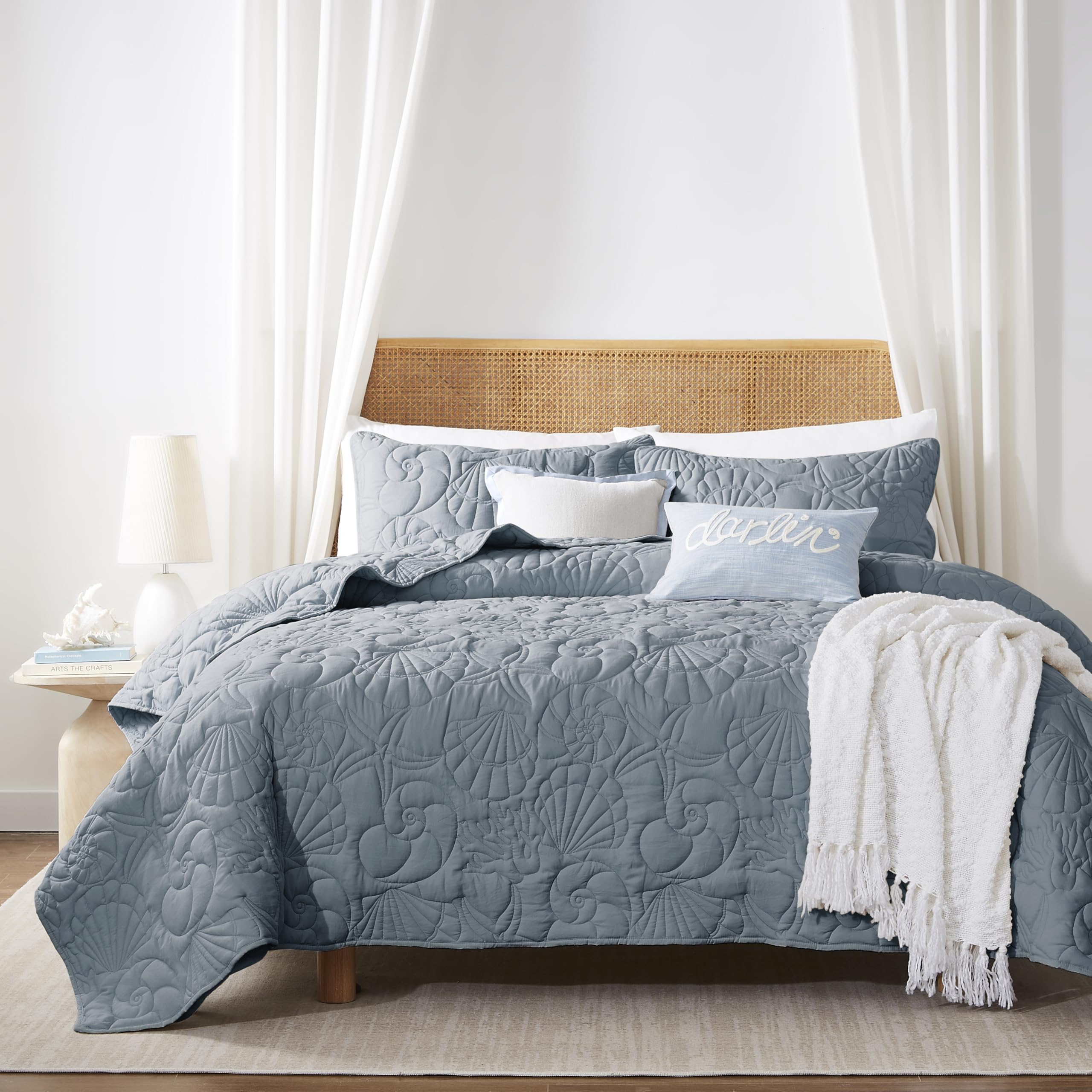 Wdcozy Coastal Beach Twin Size Quilt Bedding Sets, Blue Nautical Tropical Ocean Bedspread, Scallop Seashell Soft Coverlet, Light